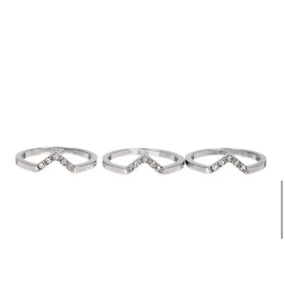 Rebecca Minkoff Crystal CZ Chevron Ring Set Of 3 Rings Size 7 Rhodium Plated New